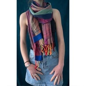 Vintage Royal Blue Reversible Oversized Scarf / Multicolored Paisley & Bands